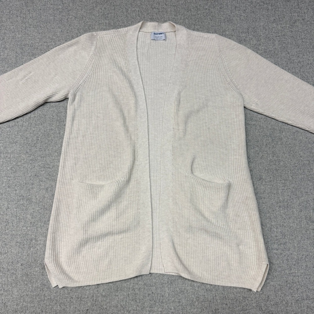 Old Navy Cardigan Sweater Large Beige Open Front Ribbed Knit Pockets Cotton Blen